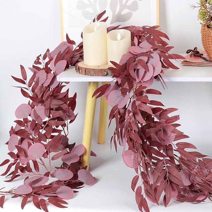 2Pcs Artificial Eucalyptus Garlands with Willow Leaves 6.6 Ft Faux Hanging Eucalyptus Willow Vines Fall Rattan for Thanksgiving Christmas Party Wedding Table Centerpiece Fireplace Decoration(Burgundy)