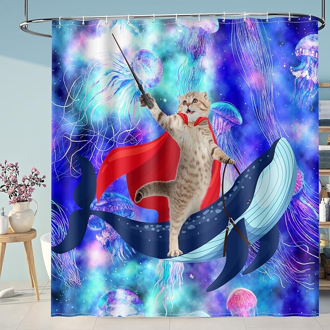 Aimego Extra Long Shower Curtain - Funny Cute Cat Riding Whale on Space Galaxy Fantasy Jellyfish Fabric Cloth Shower Curtain Set with 12 Hooks for Kids Bathroom Decor Bathtub Curtain, 72"x84"