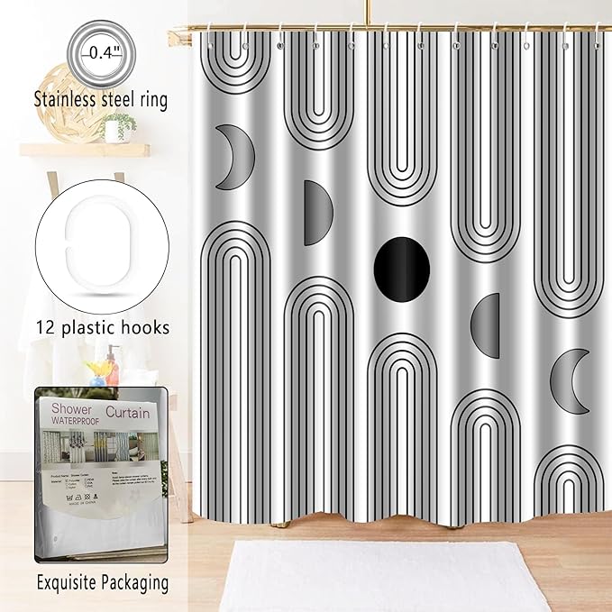 Boho Shower Curtains for Bathroom Mid Century Minimalist Abstract Aesthetic Modern Bathroom Decor Curtain Machine Washable Waterproof Fabric with 12 Hooks (White Minimalist, 72" x 72")