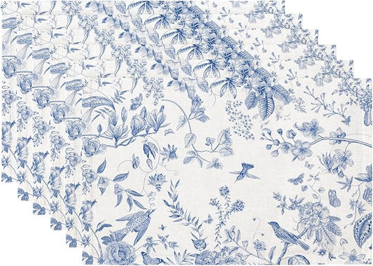 QIYI Boho Placemats Set of 6, 12x18 Inch Linen Fabric Place Mats for Kitchen Dinning, Farmhouse Rustic Floral Cloth Table Mats, Washable Placemat Botanical Party Table Décor, Blue Garden