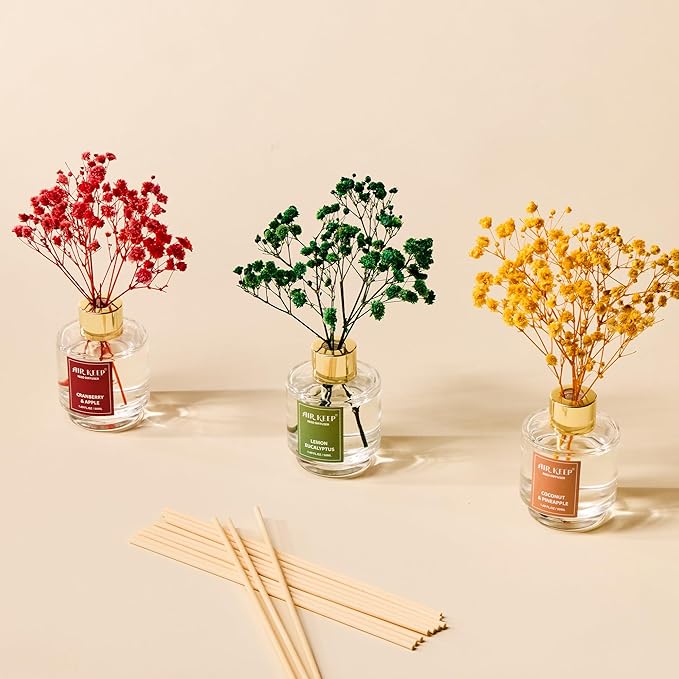 Airkeep Reed Diffuser Set of 3,Coconut Pineapple Lemon Eucalyptus Cranberry Apple Oil Reed Diffusers for Bedroom Living Room Office Aromatherapy Oil Reed Diffuser for Gift 50ml x 3