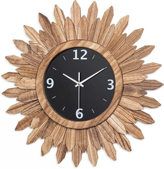 Honiway 16 Inch Wall Clocks, Rustic Wood Boho Sunburst Decorative Wall Clock Battery Operated Silent Non Ticking Farmhouse Large Wall Clocks for Living Room Kitchen Bedroom Home Decor (Rustic Brown)