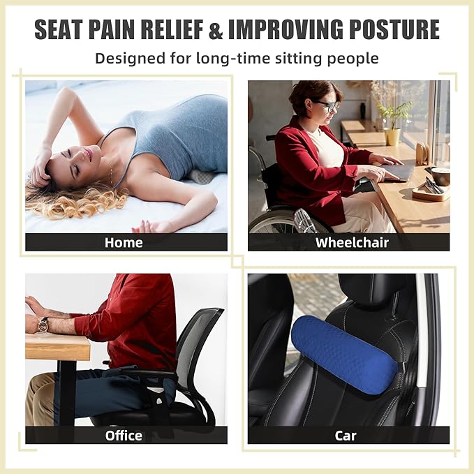 Lumbar Roll Pillow for Lower Back, Lumbar Support Foam Roll Cushion with Pillowcase and Upgraded Strap for Office, Chair, Car, Seat Pain Relief & Improving Posture (Dark Blue, Long-15*4.3'')