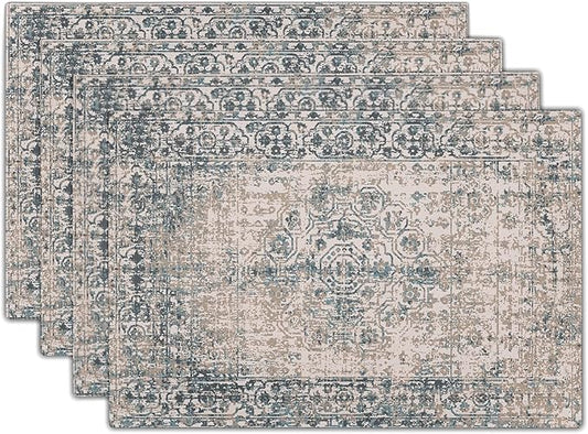 Grey Brown Ethnic Boho Placemats Set of 4 Bohemian Carpet Vintage Gray Linen Washable Kitchen Dining Table Mats Stain Heat-Resistant Desktop Decor Place Mats for Home Party Indoor 12x18 in