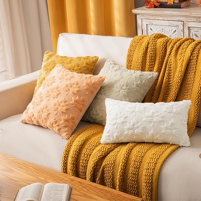 Maple Leaf Fall Throw Pillow Covers 12"x20" Set of 2, Cream White Farmhouse Decorative Pillow Covers for Autumn Harvest Holiday Accent Pillow Cases, Faux Fur Pillow Covers for Couch Bed Room