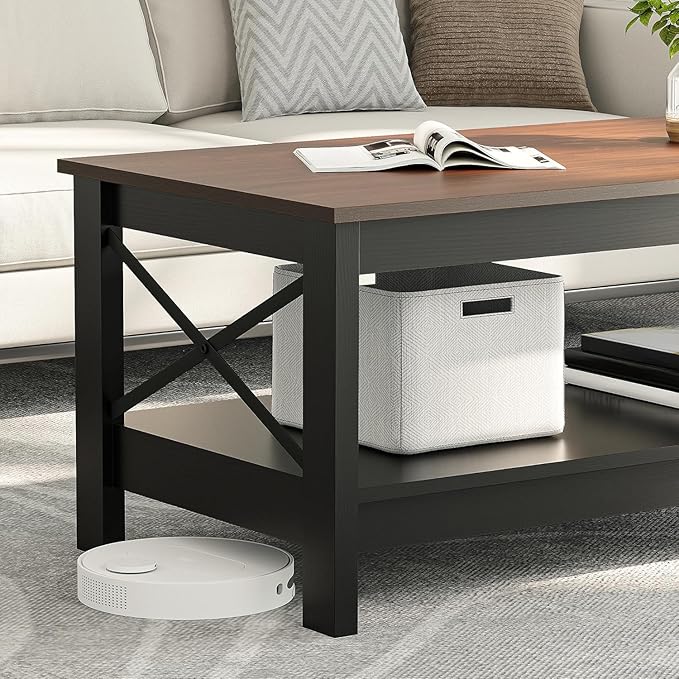 YITAHOME Coffee Tables for Living Room, Modern Farmhouse Coffee Table with Storage, 2-Tier Center Table Wood Living Room Table Accent Cocktail with Sturdy Frame, Brown and Black