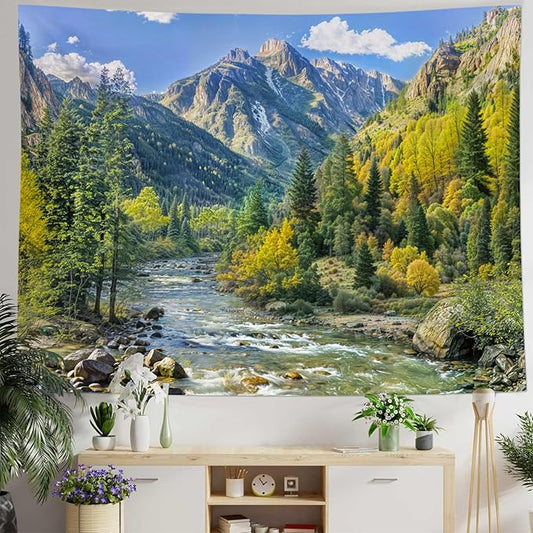 Kanuyee Mountain Tapestry Nature Landscape Wall Tapestry for Bedroom Mountain River tapestries Aesthetic Living Room Decor Nature 60×80 Inches