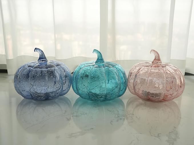 Indigo Blue Crackle Glass Pumpkin Twinkling Light with Timer- Fall Decoration for Home-Lamps for Festive Decoration-Halloween Decorations