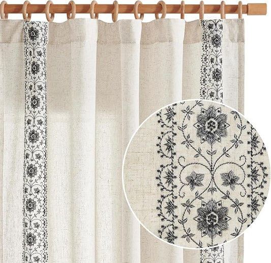 jinchan Boho Curtains for Living Room Black Vintage Floral Farmhouse Curtains 84 Inches Long Linen Blend Drapes for Bedroom Embroidered Light Filtering Drapes Rod Pocket Black on Beige 2 Panels