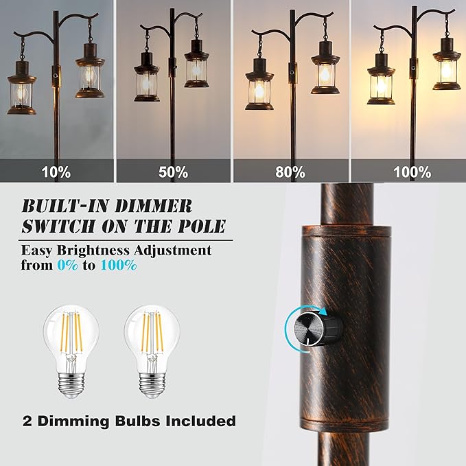 Vintage Dimmable Floor Lamp,2 Classical Lanterns Standing Lamp, Rustic Farmhouse Floor Lamp with Copper Black Finish, for Living Room (Red Copper)