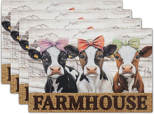Cute Cow Farmhouse Placemats 4pcs, Farm Animal Tabletop Mat Rustic Style Non-Slip Washable Place Mats 12 x 18 Inch for Holiday Kitchen Dining Decor