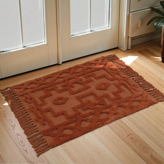 Uphome Boho Bathroom Rug 2' x 3', Washable Small Farmhouse Bedroom Rugs, Terracotta Geometric Bath Mats for Home Decor, Cotton Woven Moroccan Tufted Throw Rug for Entryway Front Door Kitchen