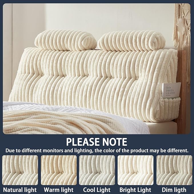 Faux Fur Headboard Pillow with 2 Pack Neck Roll Pillow Large Headboard Pillow Soft and Supportive with Removable Cover (Beige, King)