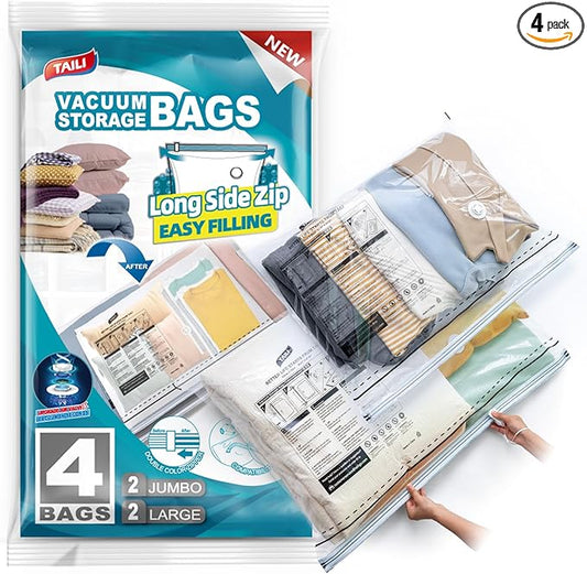 TAILI LONG SIDE ZIP 4 Pack Vacuum Storage Bags, Multi-Size Vacuum Seal Bags for Clothing (2 Large+2 Jumbo), Storage Bulky Beddings, Blankets and Clothes, Space Saver for Closet Organization