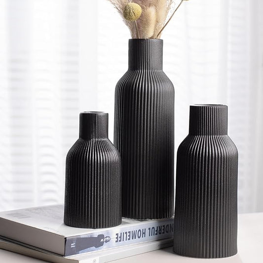 Black Ceramic Vases Set of 3,Farmhouse Decor, Home Decor, Pampas Grass Vases for Kitchen, Bedroom, Office, Living Room, Bathroom, Wedding, Entryway, Table Centerpieces, Gifts Women Mom