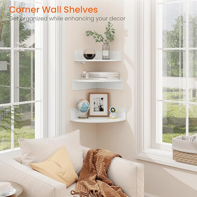 Homode Floating Corner Shelves, Set of 3 Wood Corner Wall Shelves with Wire Hole, 12 Inch Deep Hanging Corner Display Shelf for Living Room, Kitchen, Bedroom, White