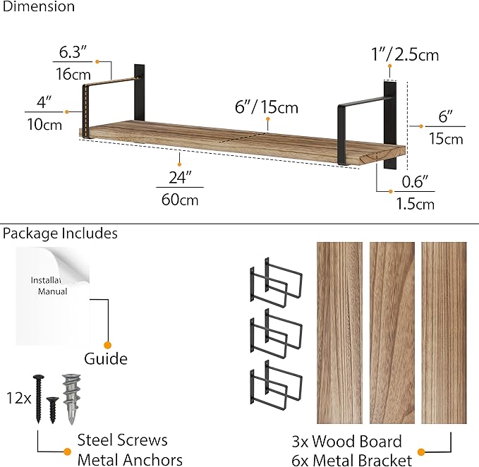 Wallniture Toledo Wood Floating Shelves for Wall Storage, Floating Bookshelf Set of 3, 24"x6" Rustic Wall Shelves for Living Room, Bedroom, Kitchen, Bathroom Storage, Burned Finish