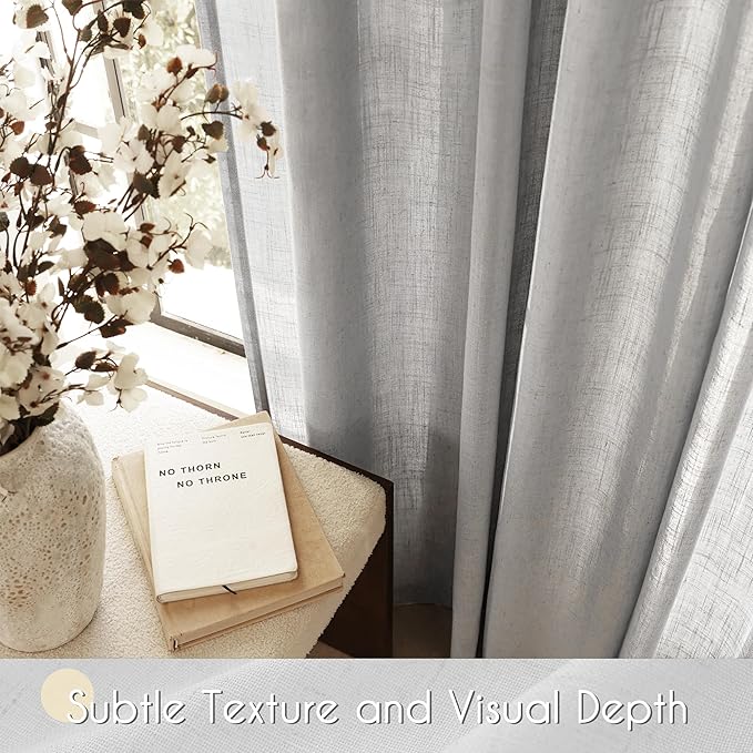 Linen Blend Grey Curtains for Living Room Back Tab Modern Farmhouse Semi Sheer Light Gray Curtains 90 inches Long 2 Panels Set Muted Neutral Cotton Texture Window Curtain for Dining Room Bedroom