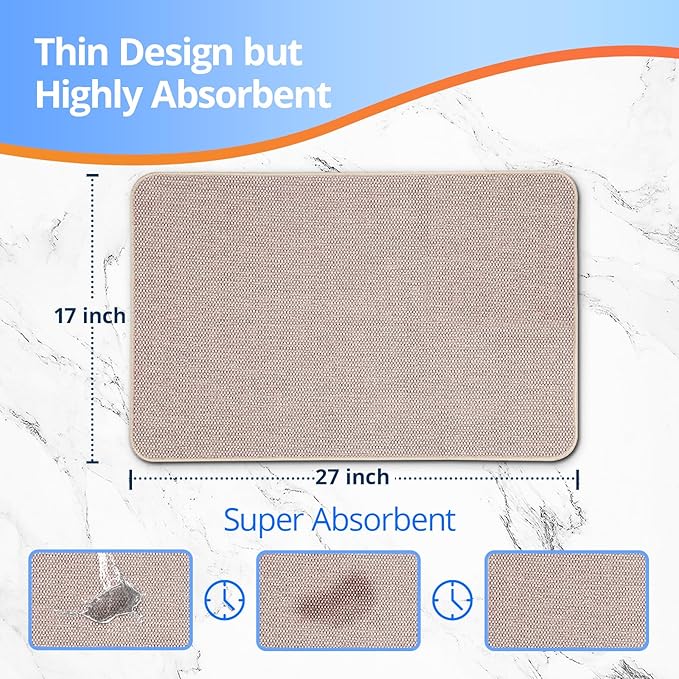Upgraded Thin Bathroom Rugs, Bath Mat Super Absorbent, Bath Rugs Rubber Backing Non-Slip, Quick Dry Machine Washable, Cozy Cloth Bathroom Mat fit Under Door/Sink/ Bathtub/Shower/Kids 17''x27''-Biege