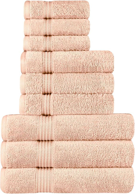 Superior Egyptian Cotton 9-Piece Towel Set, Assorted Towels for Home Bathroom, Guest Bath Decor Essentials, Includes 3 Bath, 3 Hand, 3 Face Towels/Washcloths, Quick Dry, Absorbent - Peach