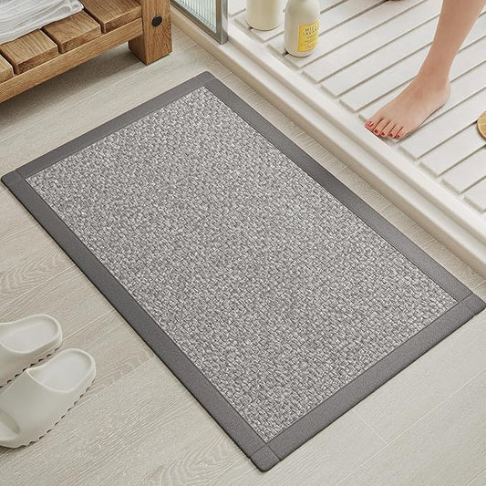 Non Slip Ultra Thin Bathroom Rugs Mat 20x32, Bath Mat for Bathroom Quick Dry Absorbent Bathroom Mat Floor Rubber Backed Fit Under Door, Woven Washable Bath Rugs, Gray