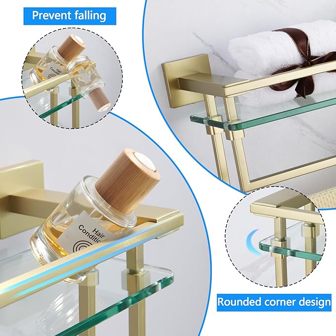 Bathroom Glass Shelf with Towel Bars 20-Inch Floating Tempered Glass Shelves with 2 Towel Rails Brushed Gold Cologne Shelf for Men Shower Bath Storage Glass Rack Wall Mount Heavy Duty，A7617BG