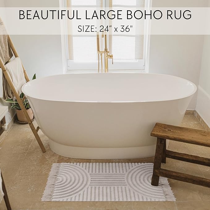 KIBAGA Beautiful Boho Rug with Tassels for Your Bathroom - Soft 2 x 3 ft. Cotton Rug Fits Perfectly Into Your Bath - Washable, Non-Slip Mat Ideal to Enhance Any Modern Home Decor, 24 x 36 inch