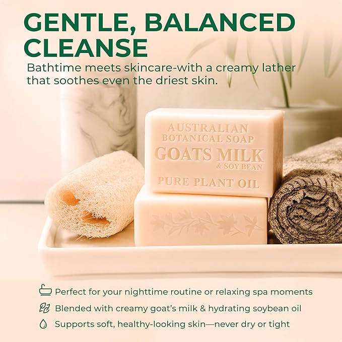 Australian Botanical Soap Goat Milk Soap Bar Triple-Milled Vegan Cleanser with Shea Butter & Soya Bean Oil – Gentle Hydration for Sensitive Skin 6.8 oz – 1 Pack