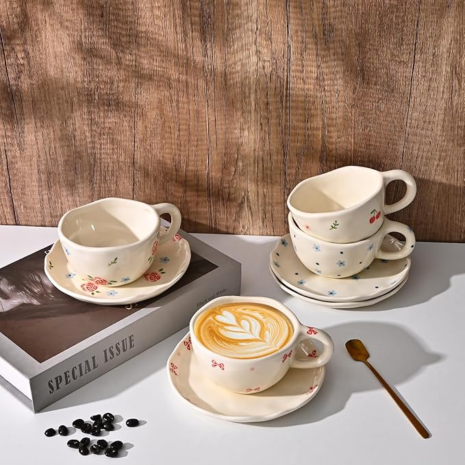 Koythin Ceramic Coffee Mug with Saucers, Handmade Flowers Mugs, Cute Cup for Girl Women, Aesthetic Tea Milk Cup with Handle, 8.5 oz/250 ml for Latte, Cocoa, Office, Home (Dot Blue Flower)