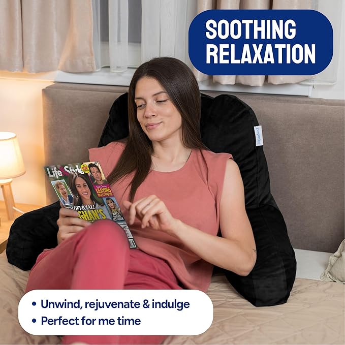 ComfortSpa Reading Pillow for Bed Adult Size, Back Rest Pillow with Arms, Pockets and Washable Cover; Use as Bed Pillows for Sitting Up in Bed for Bedrest or Relief from GERD Heartburn (X-Large Black)