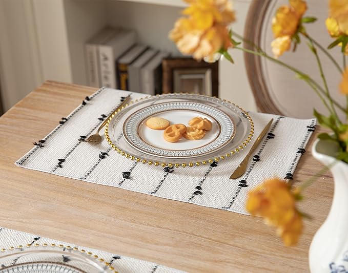 Boho Placemats Set of 4 for Dining Table Decor, Woven Cloth Place Mats for Farmhouse Rustic Kitche Home Decor, Cotton Placemats 13 x 19 Inch, Black and Beige Table mats