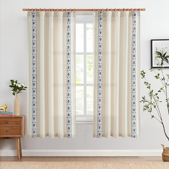 jinchan Boho Curtains for Bedroom Blue Vintage Floral Farmhouse Curtains 72 Inches Long Linen Blend Drapes for Living Room Embroidered Drapes Light Filtering Rod Pocket Blue on Beige 2 Panels