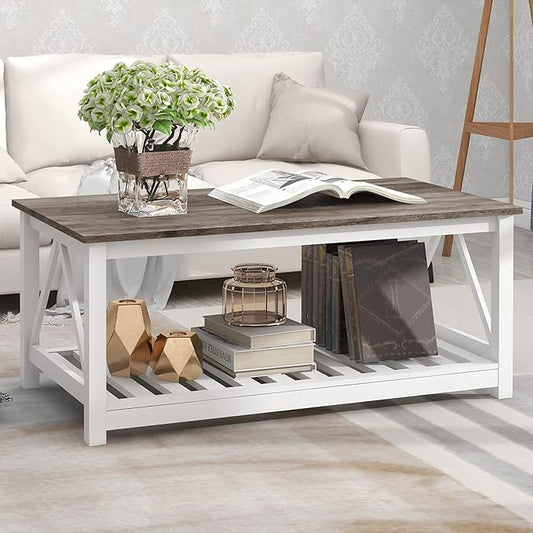 Farmhouse Coffee Table for Living Room, 2-Tier Rectangular Wooden Centre Cocktail Table with Slats Shelf Storage and V-Shaped Frame, Oak Grey