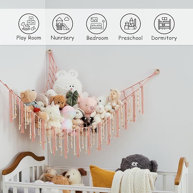 Pretty Jolly Stuffed Animal Storage Hammock with Wooden Beads Corner Hanging Net Boho Tassel for Toy Plush Holder for Kid Room Nursery Decor Wall Display Organizer for Girls Boy Gift(Leather Pink)