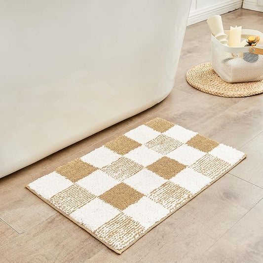 CozeCube Checkered Bath mats for Bathroom Non Slip, Fluffy Absorbent Microfiber Bath mat Washable, Aesthetic Bathroom Rugs, Cute Bath mat for Shower Sink, Beige, 24" x 16"