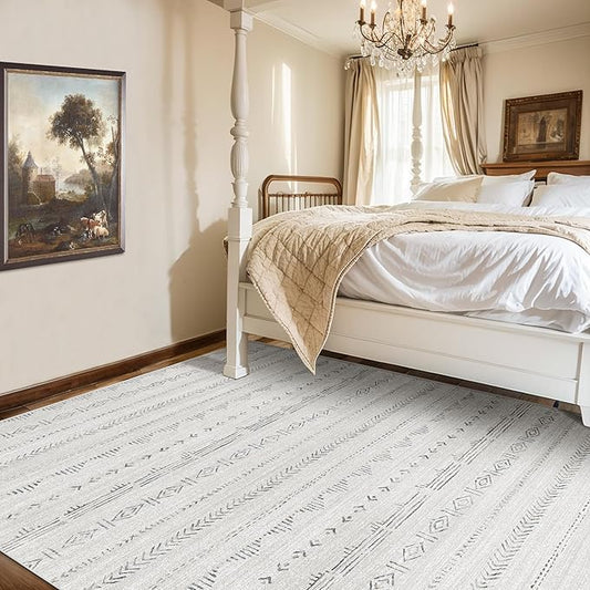 Washable 5x8 Rugs for Bedroom, Moroccan Farmhouse Area Rug 5x8 with Non-Slip Backing, Soft Low Pile Indoor Floor Carpet Boho Neutral Area Rug for Living Room Home Office Decor, Light Grey