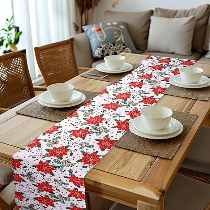 Urban Villa Pine Cone Print 100% Cotton Fused Table Runner 14''x72'' Over Sized Christmas Color Table Runner Heavier Quality