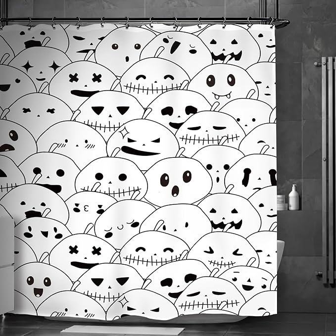 Halloween Pumpkin Ghost Kids Shower Curtain 60Wx72L Inch Horror Scary Spooky Black White Cartoon Lovely Cute Bathroom Set Accessories Decor with 12 Pack Hooks