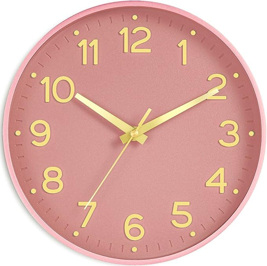 Silent Wall Clocks Battery Operated 10 Inch-Modern Non Ticking Analog Clock Decorative for Kitchen Office Bathroom Bedroom(Pink Gold)