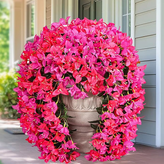 8 Pcs UV Resistant Artificial Flowers for Outdoors, Realistic Faux Silk Bougainvillea Flowers, Fake Hanging Plants for Porch Patio Balcony Decoration (Rose red & Purple)
