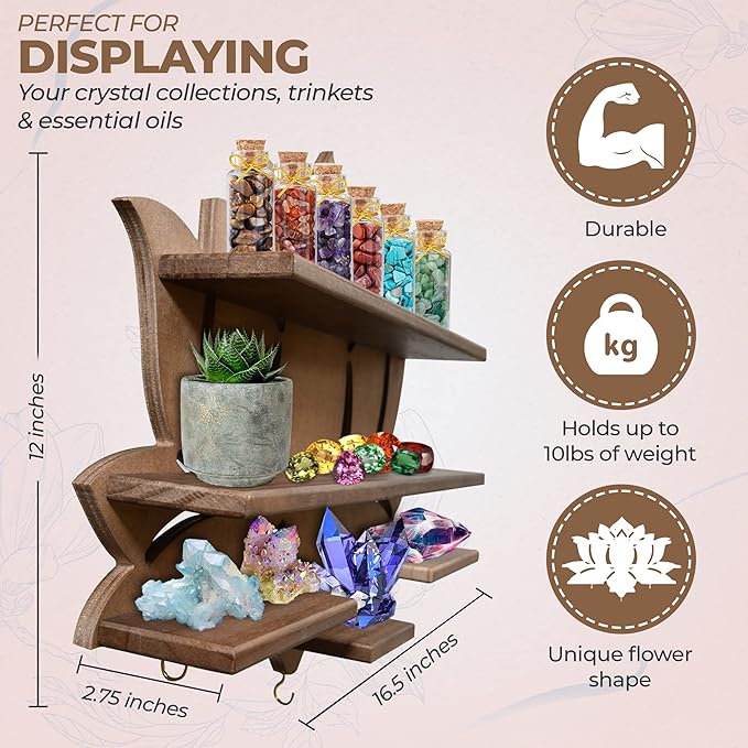 Chakral Wooden Lotus Flower Shelf for Crystals - Floating Crystal Display Shelf & Holder, Wall Decor for Bedroom Aesthetic, Pinewood (Brown)
