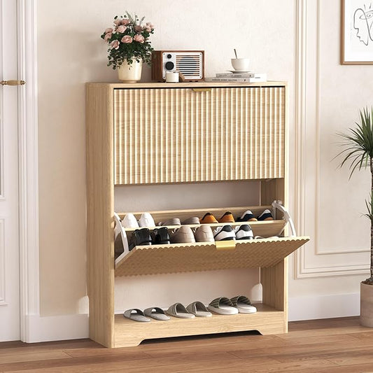 Shoe Cabinet Storage for Entryway with 2 Flip Drawers, Oak Fluted Shoe Cabinet with Open Storage, Wooden Hidden Shoe Rack Freestanding Narrow Slim Shoes Organizer for Hallway, Entrance