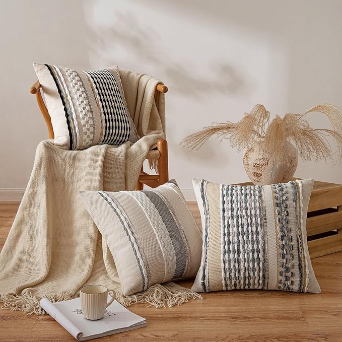 ANRODUO Pack of 2 Boho Decorative Throw Pillow Covers 18x18 Farmhouse Cushion Case Striped Chenille Pillow Cases Square Pillow Covers Accent Neutral Pillowcase for Sofa Couch Bed, Gray Blue Stripe