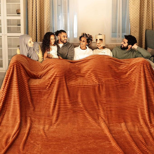 Bnuitland Orange Flannel Throw Blanket (90X90 inches) with Storage Pouch, 300GSM Super Soft Lightweight Cozy Fleece Stripe Pattern for Bed Sofa Home Decor, Suitable for Adults All Season