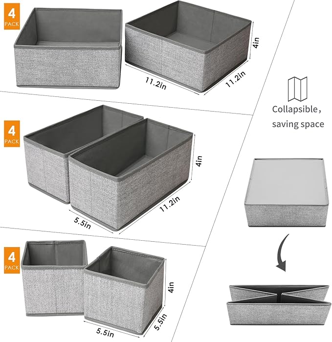 12 Pack Drawer Organizers for Clothing, Foldable Clothes Storage Box Closet Dresser Drawer Organizers Dividers, Bedroom Organization Fabric Bins for Baby Clothes Underwear Sock Bra Ties (Grey)