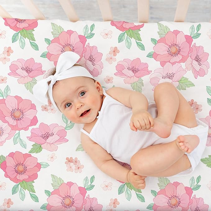 Baby Crib Sheets for Girls,2 Pack 28?x52?x8??Fitted Crib Sheets for Standard Crib and Toddler Mattress Soft Microfiber Baby Sheets for Crib (Floral White)