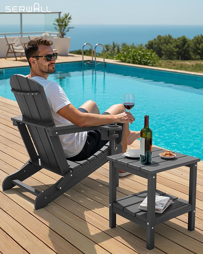 SERWALL 2-Tier HDPE Outdoor Side Tables Set of 4, Weatherproof Rectangular Adirondack Side Table, Gray