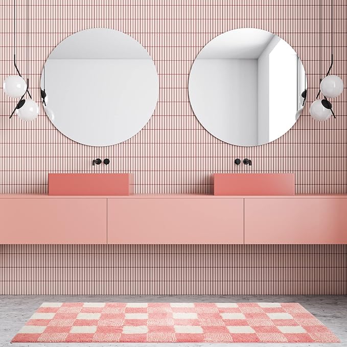 CozeCube Checkered Bath mats Non Slip, Plush Shaggy Bath Rugs for Bathroom Washable, Buffalo Plaid Bath mat, Pink Christmas Bathroom Rugs, Blossom Pink, 47" x 24"