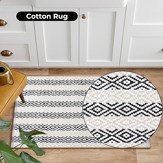 Bedding Craft Diamond Stripe Area Rug for Living Room 24x36 Inch - Beige/White/Black - Machine Washable 2x3 Feet Rugs - 60% Cotton 40% Mixed Fiber, Area Rug for Bedroom, Arearug for Bedroom