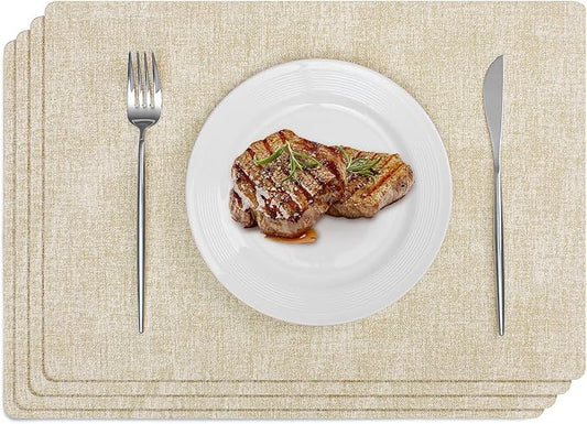 Softalker Faux Leather Placemats Set of 4-Vinyl Heat Resistant Place Mats, 100% Waterproof Oilproof Wipe Clean Table Mats for Indoor & Outdoor Use, 17’’×12’’, Beige
